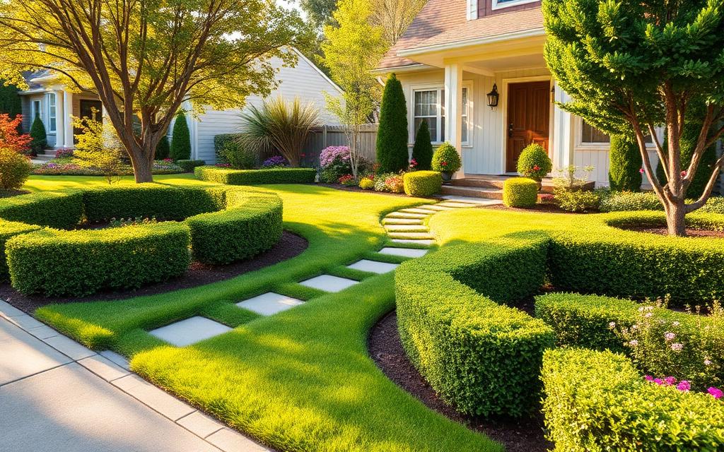 Beautifully landscaped front yard with manicured lawn and trimmed hedges